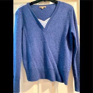 Kier&J Pure cashmere slate blue V neck sweater with baby blue & white striping